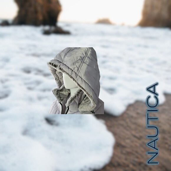 Nautica | Women's Hooded  Puffer Jacket Detachable Fx Fur Hood | Silver | NWOT - Picture 7 of 15